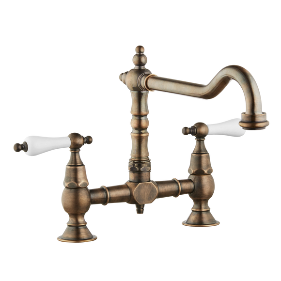 Brunel - Old English Bridge Kitchen Sink Mixer - Porcelain Levers